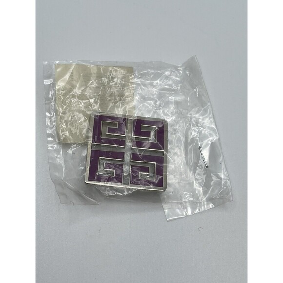Vintage Givenchy Parfums Silvertone Purple Enamel Logo Pin Brooch New - Picture 2 of 8